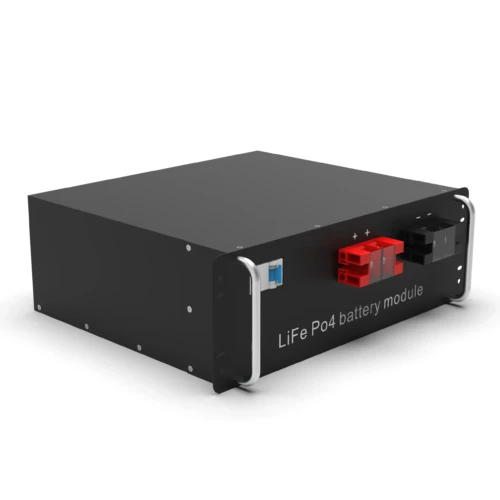 12.8V 100Ah rack mount LiFePO4 battery front panel with red and black DC terminals