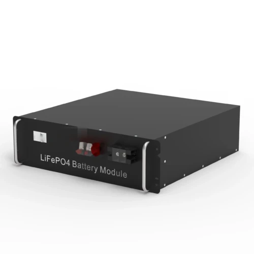 25.6V 100Ah rack mount LiFePO4 battery front view with DC terminals and BMS display