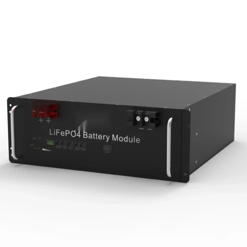51.2V 100Ah rack mount LiFePO4 battery front panel with DC terminals and ON/OFF switch