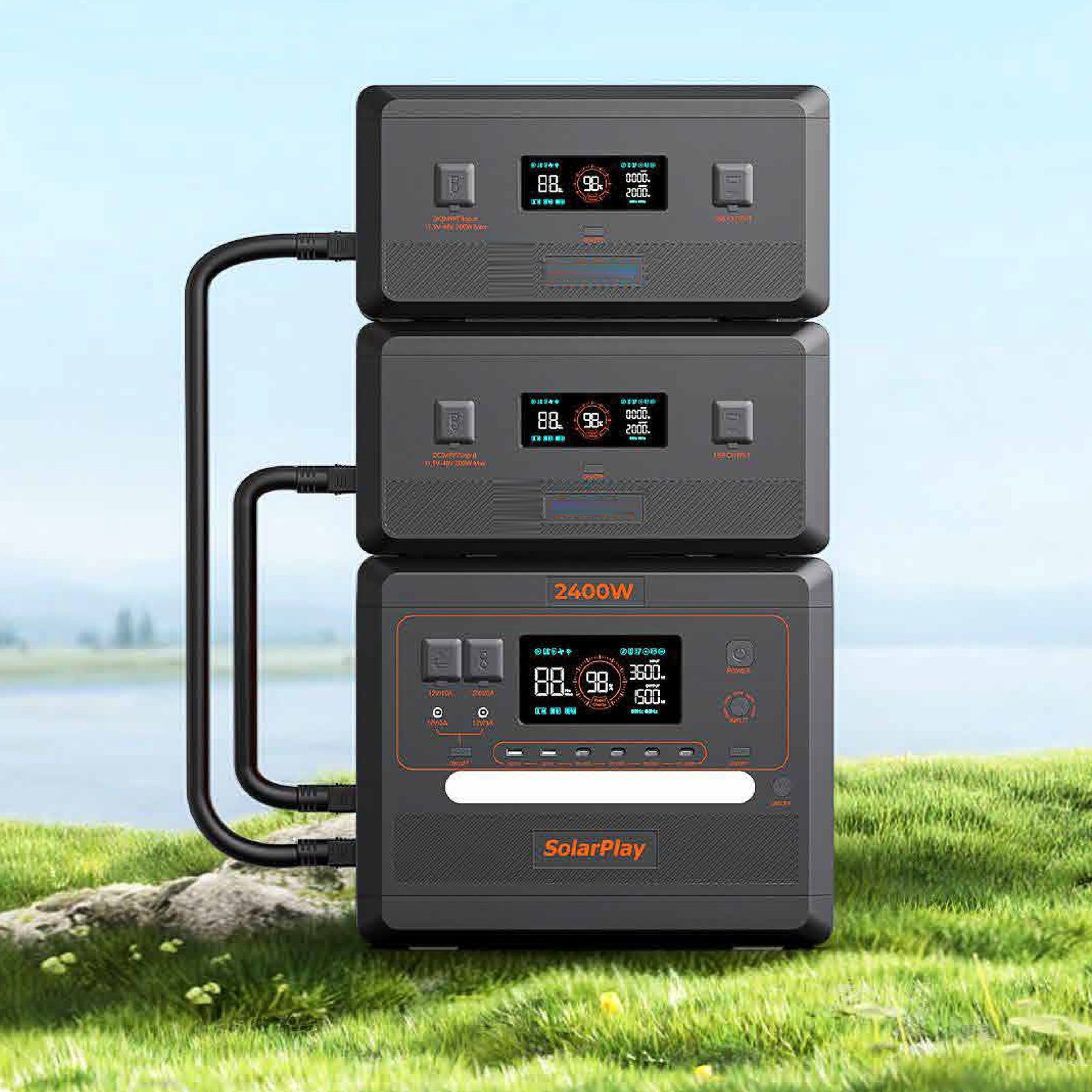 Stacked add-on battery modules expanding a portable power station beyond 2400Wh