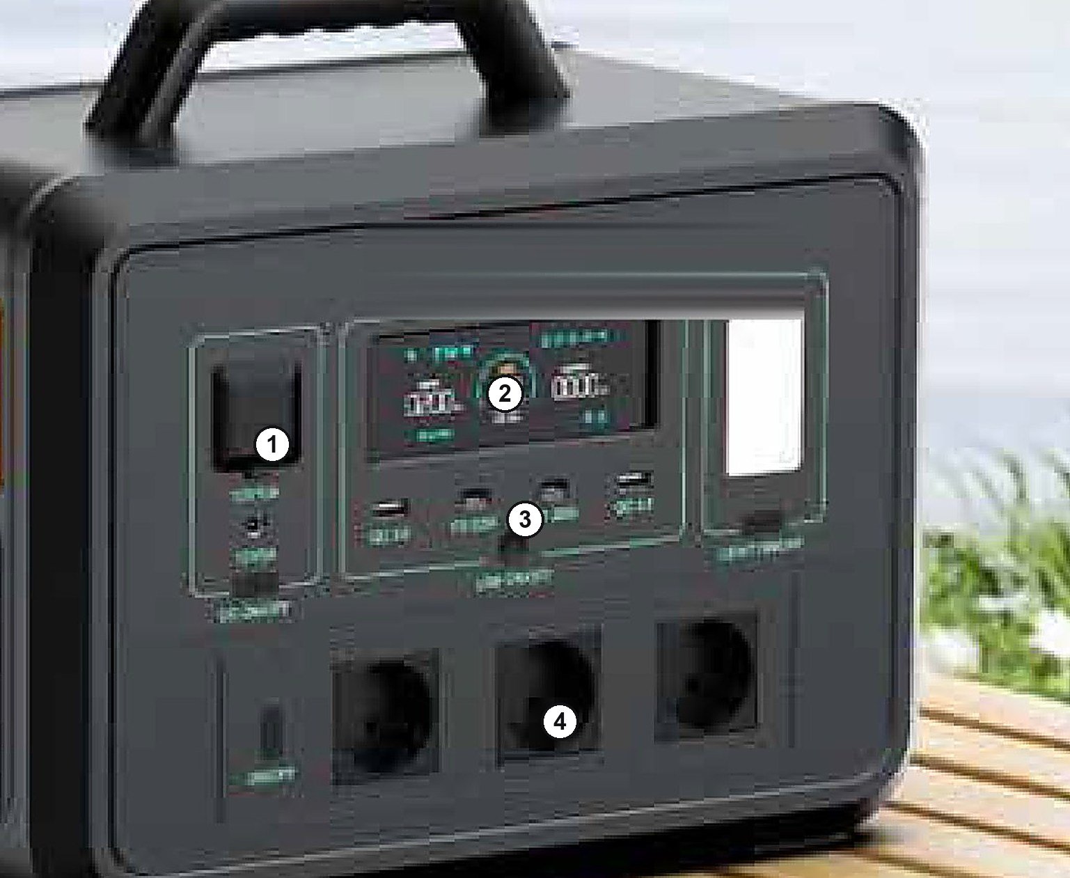 Close-up of the 1800W LiFePO4 portable power station output panel: main power switch, status display, 12V cigarette-lighter socket, USB-A QC 3.0 and USB-C PD 100W ports, DC5521 barrel output and AC outlets